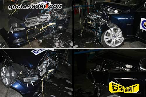 碰撞后，车辆前机舱部位的溃缩变形情况